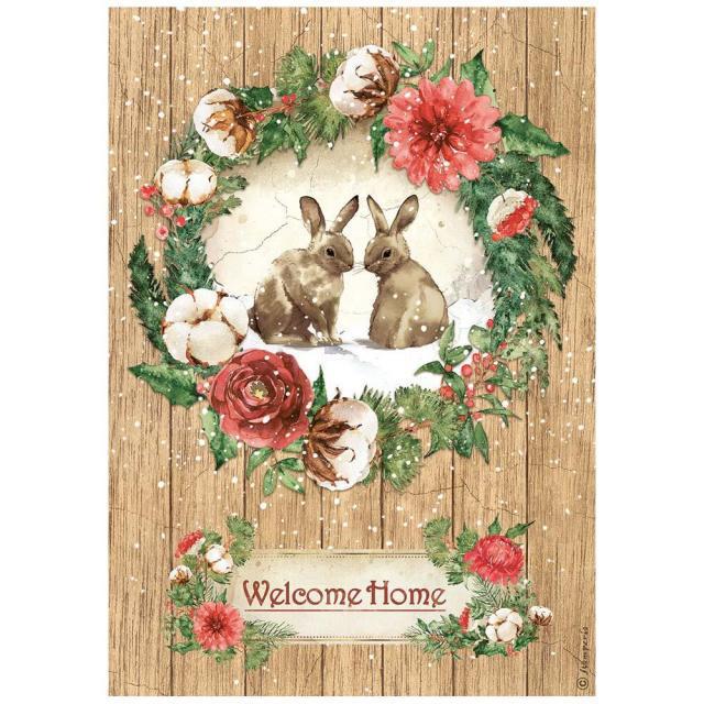 Stamperia  Rice Paper A4 - Romantic Home for the Holidays Welcome Home Bunnies