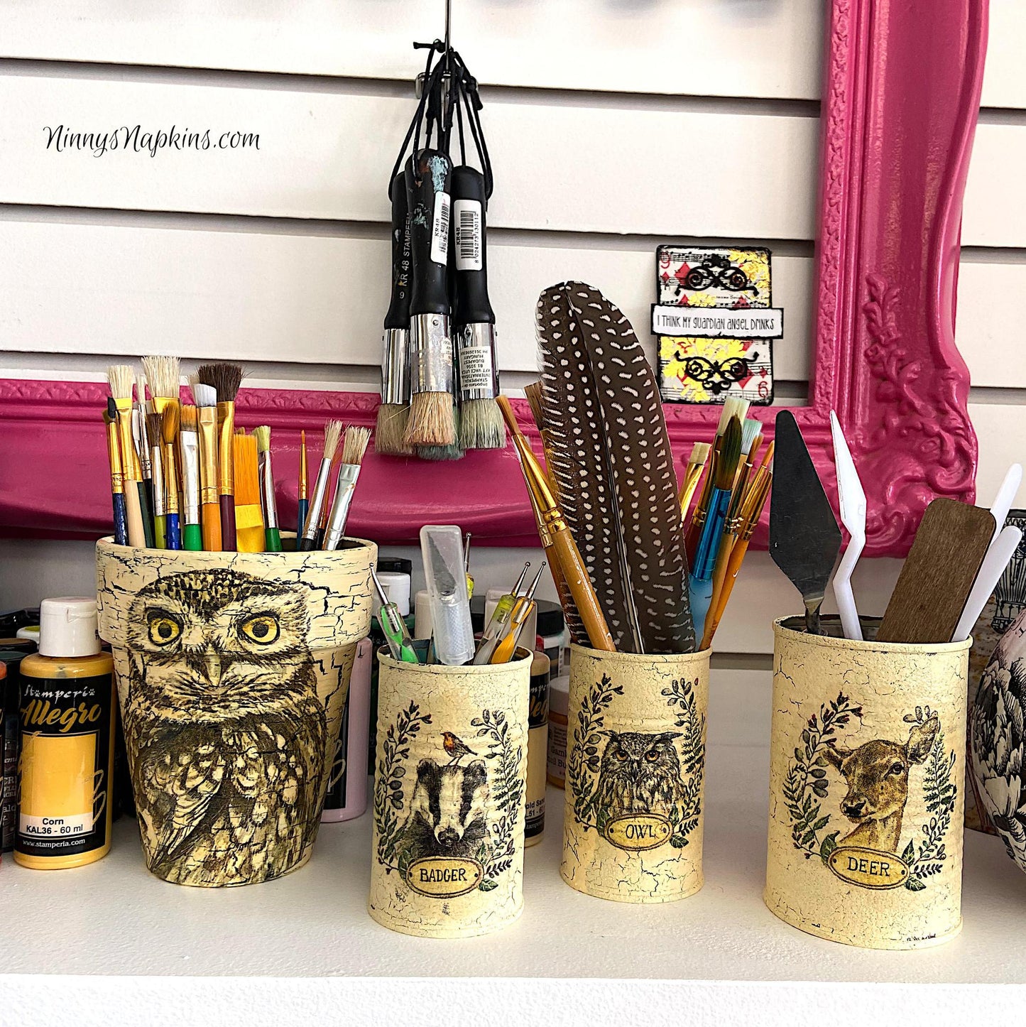 decoupaged tin cans with crackle
