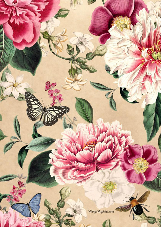 Ninny's Rice Paper A4 - Peonies and Butterflies Vintage