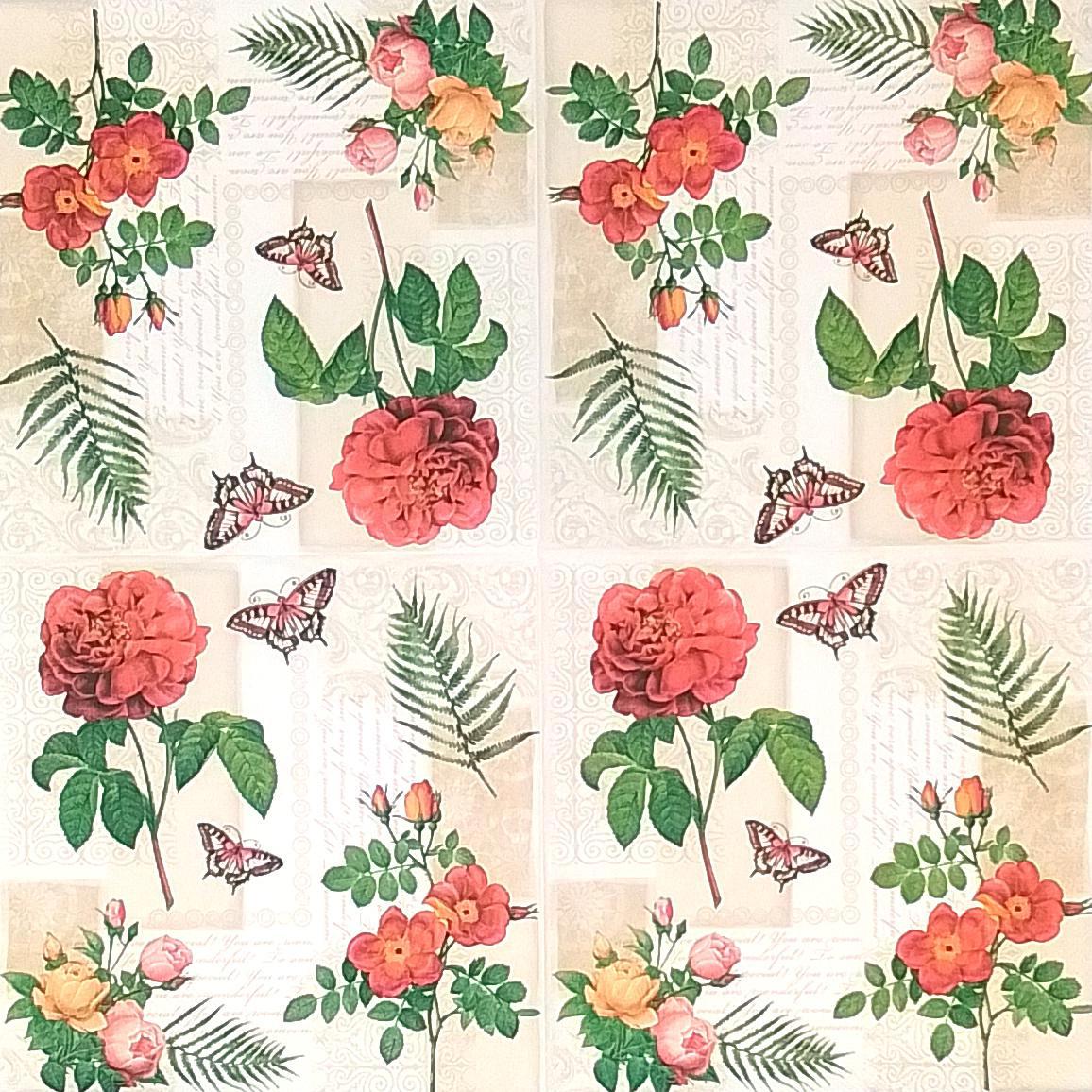 Decoupage Napkins,  Lunch 6.5" - Flowers and Butterflies on Vintage Background