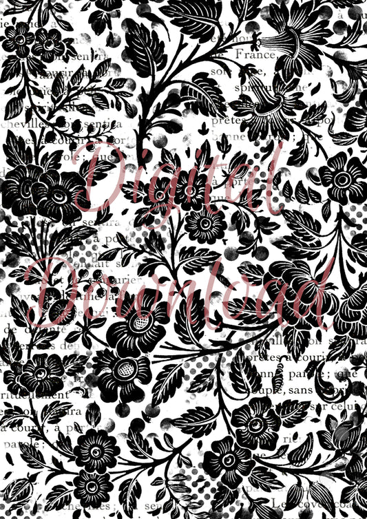 Ninny's B&W Floral Background Digital Download A4