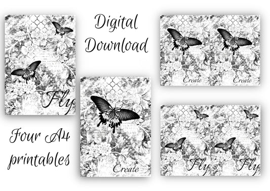 Ninny's B&W Butterfly Set Digital Download A4