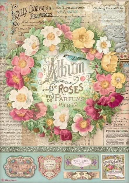 Stamperia  Rice Paper A4 - Rose Parfum, Album de Roses